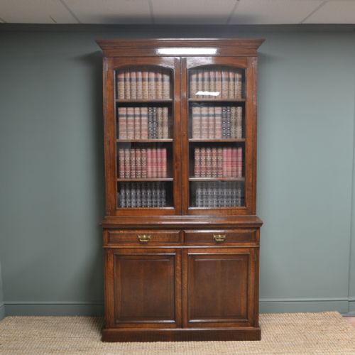 Quality Solid Oak Victorian Antique Bookcase on Cupboard