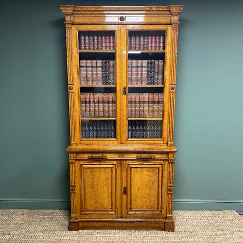 Spectacular Gillows Golden Oak Antique Glazed Bookcase on Cupboard