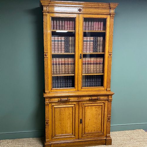 fig 2. Spectacular Gillows Golden Oak Antique Glazed Bookcase on Cupboard