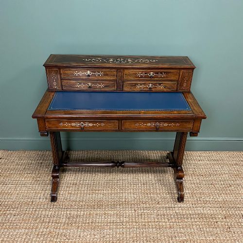 Spectacular Quality Rosewood & Brass Inlaid Antique Writing Table
