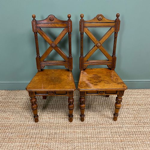 Pair of Victorian Pollard Oak Antique Hall Chairs
