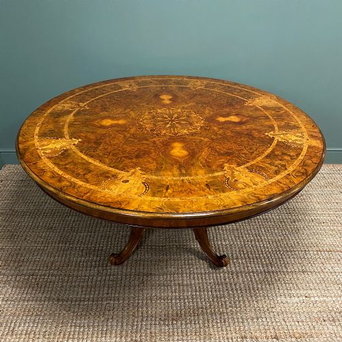 Large Figured Walnut Circular Antique Dining Table