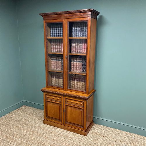 fig 3. Quality Victorian Walnut Antique Glazed Bookcase On Cupboard