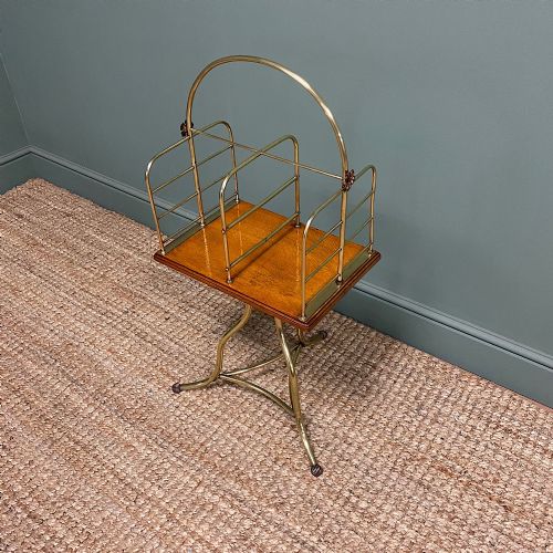 ANTIQUE EDWARDIAN BRASS OAK REVOLVING MAGAZINE RACK - ADDITIONAL PHOTO 2