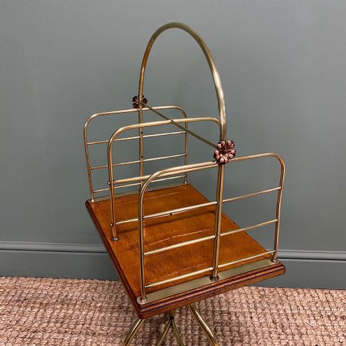 ANTIQUE EDWARDIAN BRASS OAK REVOLVING MAGAZINE RACK - ADDITIONAL PHOTO 4
