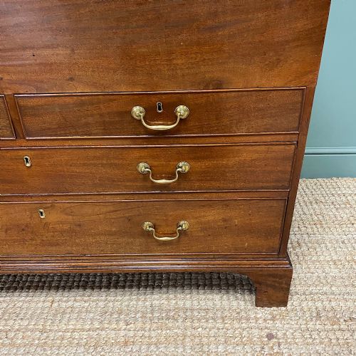 fig 1. A Georgian mahogany mule chest featuring a top hinged lid over two short drawers and two long drawers with brass swan-neck handles on bracket feet.