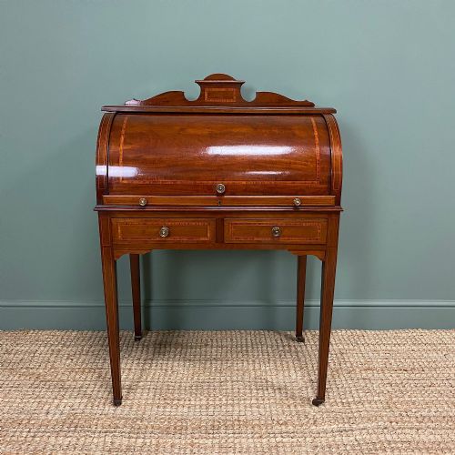 Fine Edwardian Inlaid Mahogany Antique Cylinder Desk