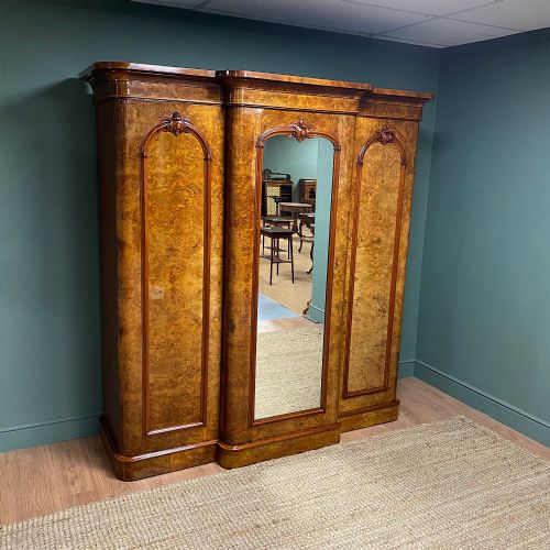 Spectacular Quality Figured Burr Walnut Antique Triple Wardrobe
