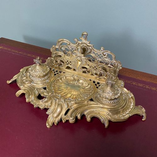 SUPERB QUALITY ANTIQUE BRASS INKWELL LETTER HOLDER DESK SET - ADDITIONAL PHOTO 1