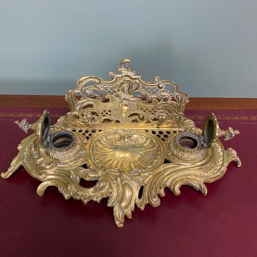 SUPERB QUALITY ANTIQUE BRASS INKWELL LETTER HOLDER DESK SET - ADDITIONAL PHOTO 2