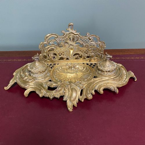 SUPERB QUALITY ANTIQUE BRASS INKWELL LETTER HOLDER DESK SET - ADDITIONAL PHOTO 4