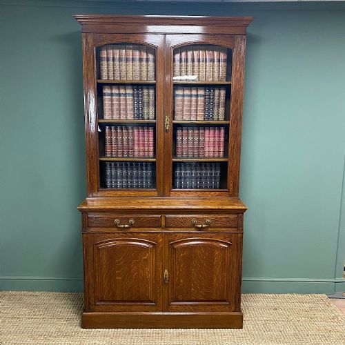 Quality Victorian Oak Antique Glazed Bookcase on Cupboard

