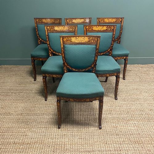 Set of Six Mahogany Dutch Marquetry Victorian Antique Dining Chairs
