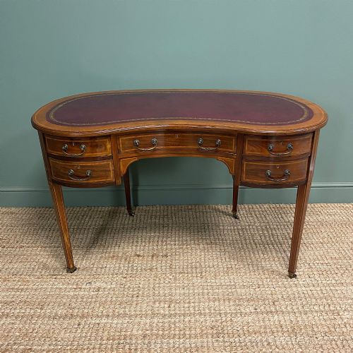 Beautiful Inlaid Victorian Mahogany Antique Kidney Shaped Writing Desk
