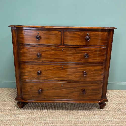 spectacular figured mahogany victorian bow fronted antique chest of drawers - CATEGORY: ANTIQUE CHEST OF DRAWERS - DATED VICTORIAN
