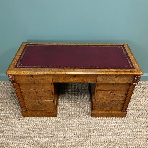 QUALITY VICTORIAN POLLARD OAK ANTIQUE PEDESTAL DESK - ADDITIONAL PHOTO 4