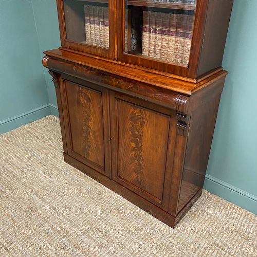LARGE FIGURED MAHOGANY ANTIQUE GLAZED BOOKCASE ON CUPBOARD - ADDITIONAL PHOTO 6