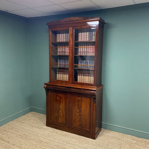 LARGE FIGURED MAHOGANY ANTIQUE GLAZED BOOKCASE ON CUPBOARD - ADDITIONAL PHOTO 7