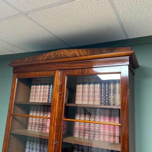 LARGE FIGURED MAHOGANY ANTIQUE GLAZED BOOKCASE ON CUPBOARD - ADDITIONAL PHOTO 9