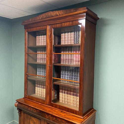 LARGE FIGURED MAHOGANY ANTIQUE GLAZED BOOKCASE ON CUPBOARD - ADDITIONAL PHOTO 10