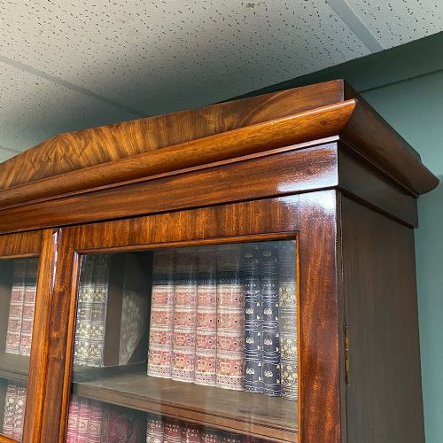 LARGE FIGURED MAHOGANY ANTIQUE GLAZED BOOKCASE ON CUPBOARD - ADDITIONAL PHOTO 11