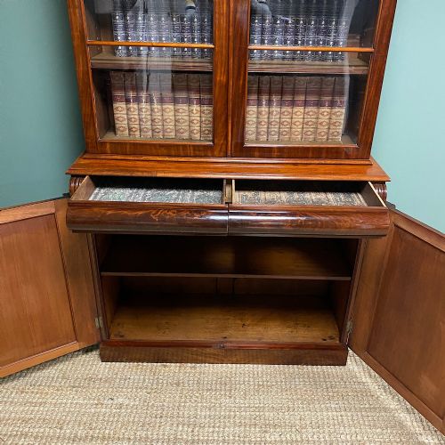 LARGE FIGURED MAHOGANY ANTIQUE GLAZED BOOKCASE ON CUPBOARD - ADDITIONAL PHOTO 12