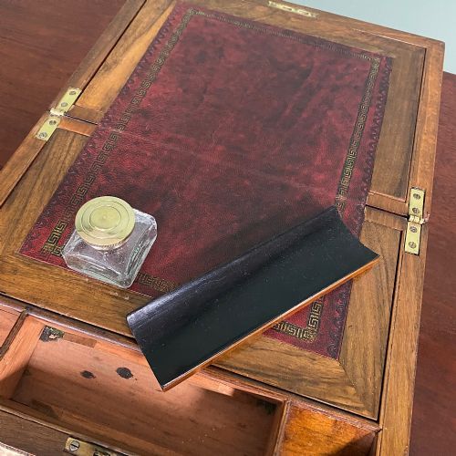 WALNUT AND BRASS BOUND ANTIQUE WRITING SLOPE BOX - ADDITIONAL PHOTO 3