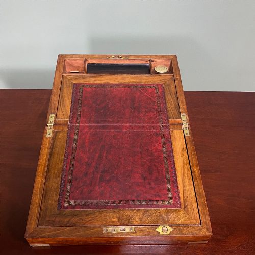 WALNUT AND BRASS BOUND ANTIQUE WRITING SLOPE BOX - ADDITIONAL PHOTO 5