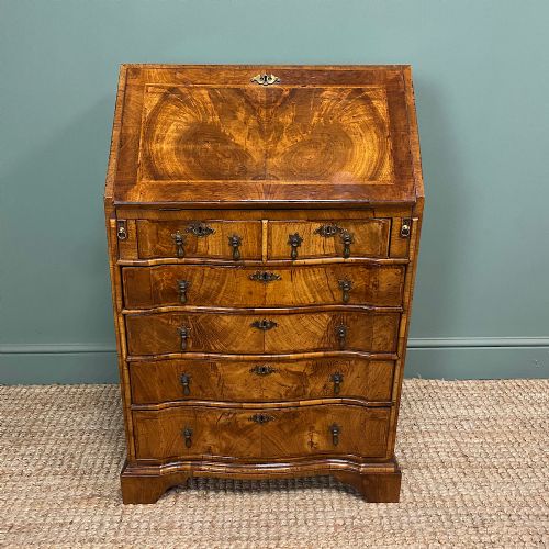 spectacular feather banded figured walnut antique bureau - CATEGORY: ANTIQUE BUREAU - DATED GEORGIAN