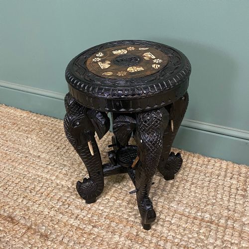 ANTIQUE CARVED ELEPHANT TABLE WITH BONE INLAY - ADDITIONAL PHOTO 1