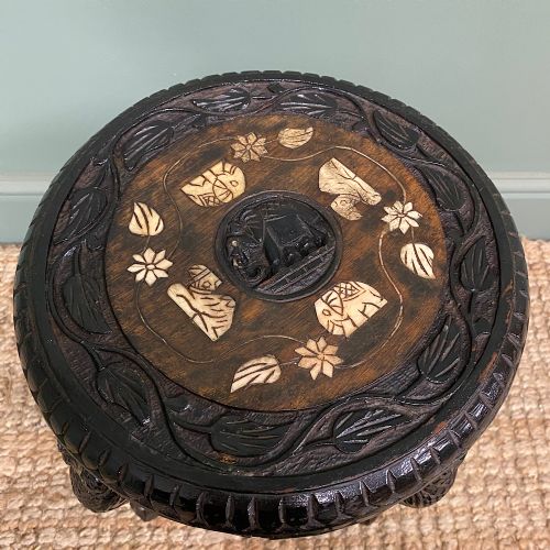 ANTIQUE CARVED ELEPHANT TABLE WITH BONE INLAY - ADDITIONAL PHOTO 2