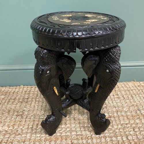 ANTIQUE CARVED ELEPHANT TABLE WITH BONE INLAY - ADDITIONAL PHOTO 4