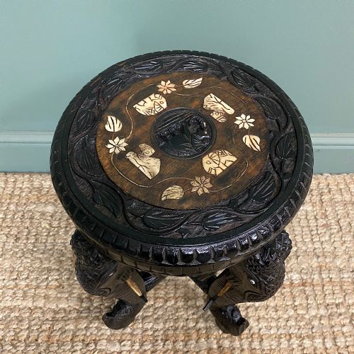 ANTIQUE CARVED ELEPHANT TABLE WITH BONE INLAY - ADDITIONAL PHOTO 5