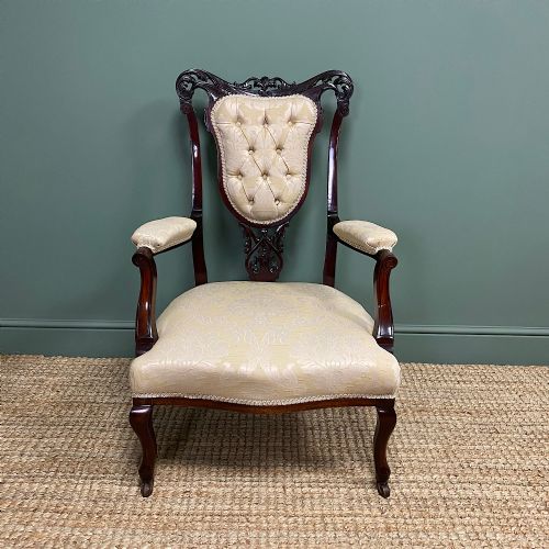 elegant 19th century upholstered antique arm chair - CATEGORY: ANTIQUE CHAIRS - DATED 19TH CENTURY