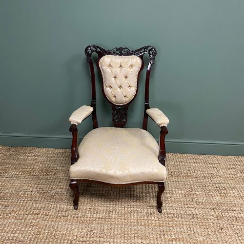 ELEGANT 19TH CENTURY UPHOLSTERED ANTIQUE ARM CHAIR - ADDITIONAL PHOTO 2