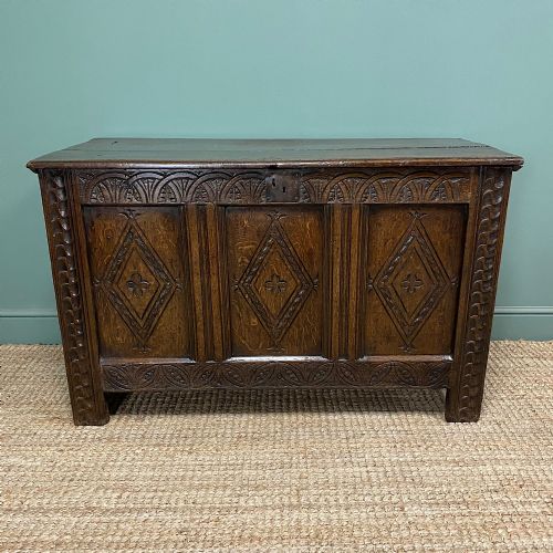 17th century period oak antique carved coffer - CATEGORY: ANTIQUE CHESTS - DATED 17TH CENTURY