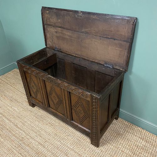17TH CENTURY PERIOD OAK ANTIQUE CARVED COFFER - ADDITIONAL PHOTO 1
