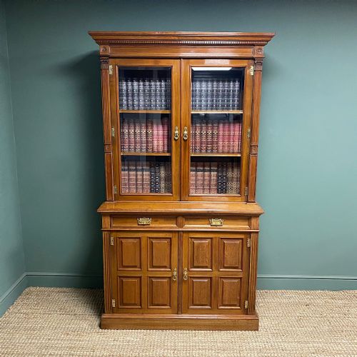 quality victorian walnut antique glazed bookcase on cupboard - CATEGORY: ANTIQUE BOOKCASES - DATED VICTORIAN