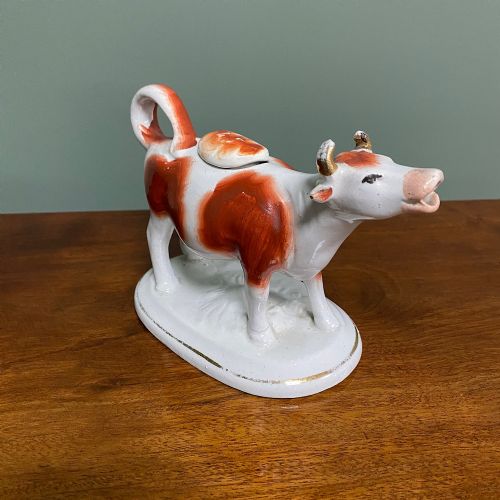 VICTORIAN STAFFORDSHIRE POTTERY COW CREAMER WITH LID - ADDITIONAL PHOTO 2