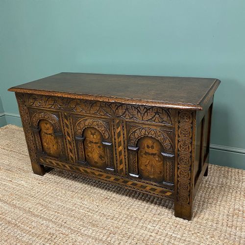 QUALITY ANTIQUE INLAID OAK COFFER - ADDITIONAL PHOTO 3
