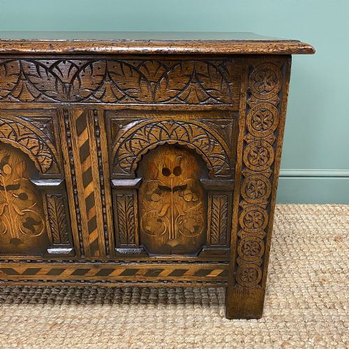 QUALITY ANTIQUE INLAID OAK COFFER - ADDITIONAL PHOTO 5