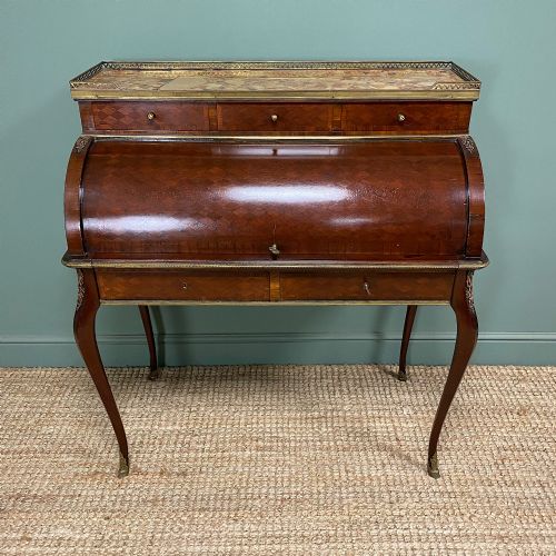 elegant french marble topped antique cylinder bureau - CATEGORY: ANTIQUE BUREAU - DATED 19TH CENTURY