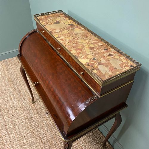 ELEGANT FRENCH MARBLE TOPPED ANTIQUE CYLINDER BUREAU - ADDITIONAL PHOTO 1