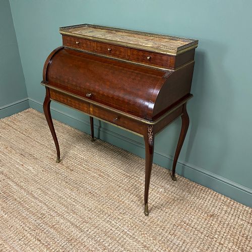 ELEGANT FRENCH MARBLE TOPPED ANTIQUE CYLINDER BUREAU - ADDITIONAL PHOTO 3