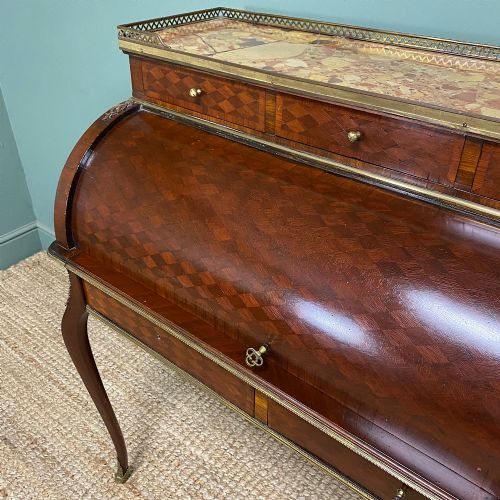 ELEGANT FRENCH MARBLE TOPPED ANTIQUE CYLINDER BUREAU - ADDITIONAL PHOTO 4