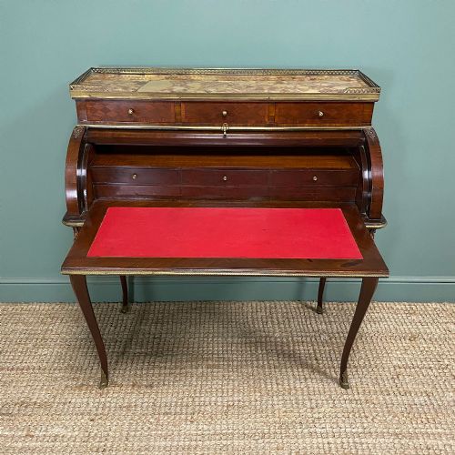 ELEGANT FRENCH MARBLE TOPPED ANTIQUE CYLINDER BUREAU - ADDITIONAL PHOTO 8