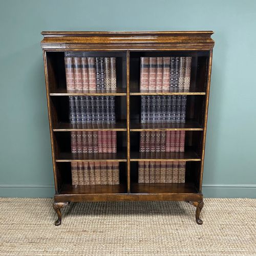 superb large antique walnut open bookcase by warings - CATEGORY: ANTIQUE BOOKCASES - DATED 1910