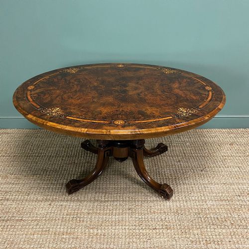 magnificent figured walnut inlaid antique oval walnut dining table - CATEGORY: ANTIQUE TABLES - DATED 19TH CENTURY