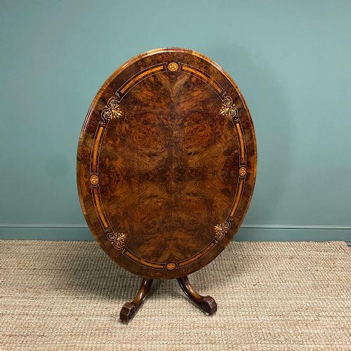 MAGNIFICENT FIGURED WALNUT INLAID ANTIQUE OVAL WALNUT DINING TABLE - ADDITIONAL PHOTO 3