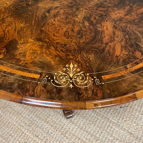 MAGNIFICENT FIGURED WALNUT INLAID ANTIQUE OVAL WALNUT DINING TABLE - ADDITIONAL PHOTO 4